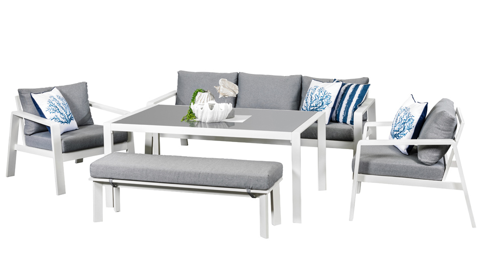 Marseille 3 Seat Dining Sofa Set Glass White | Segals Outdoor Furniture